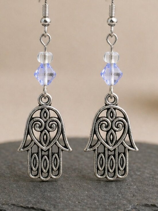 Artisan Jewelry - Handmade Hamsa Earrings with Blue Crystal